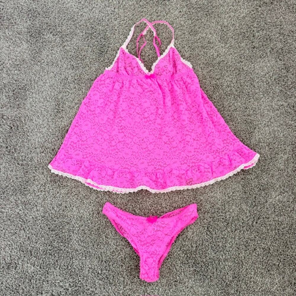 Victoria's Secret Pink Lace Babydoll Nightie & Bikini Set Women's Medium/34B